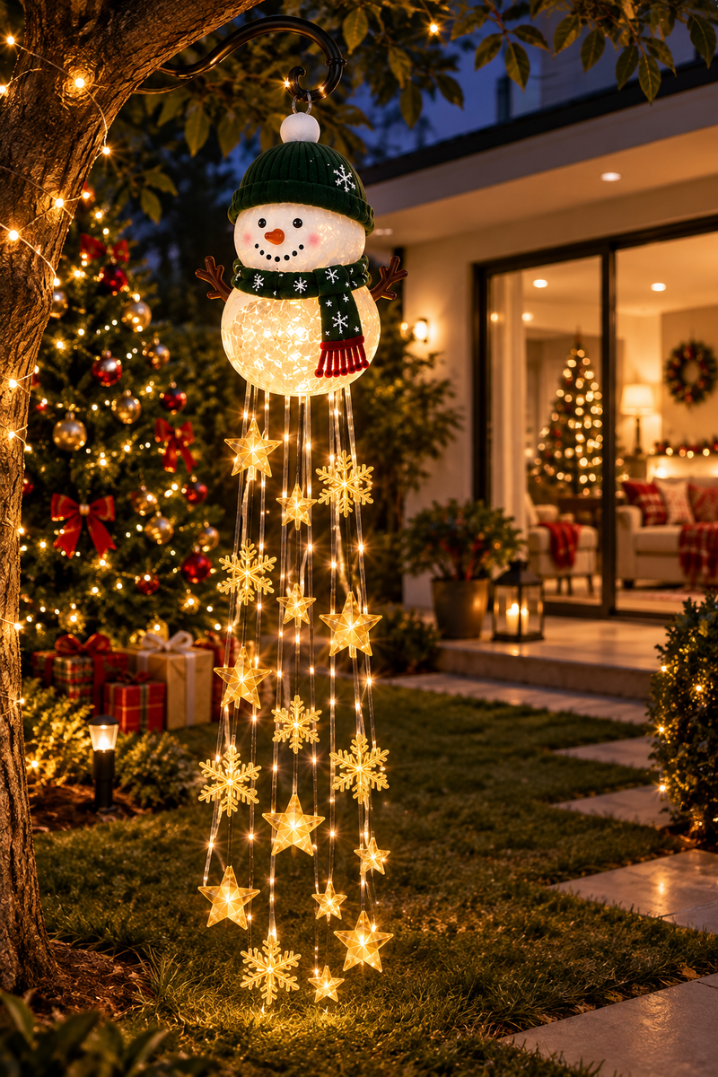 Boneco de Neve Solar - luzes acesas à noite