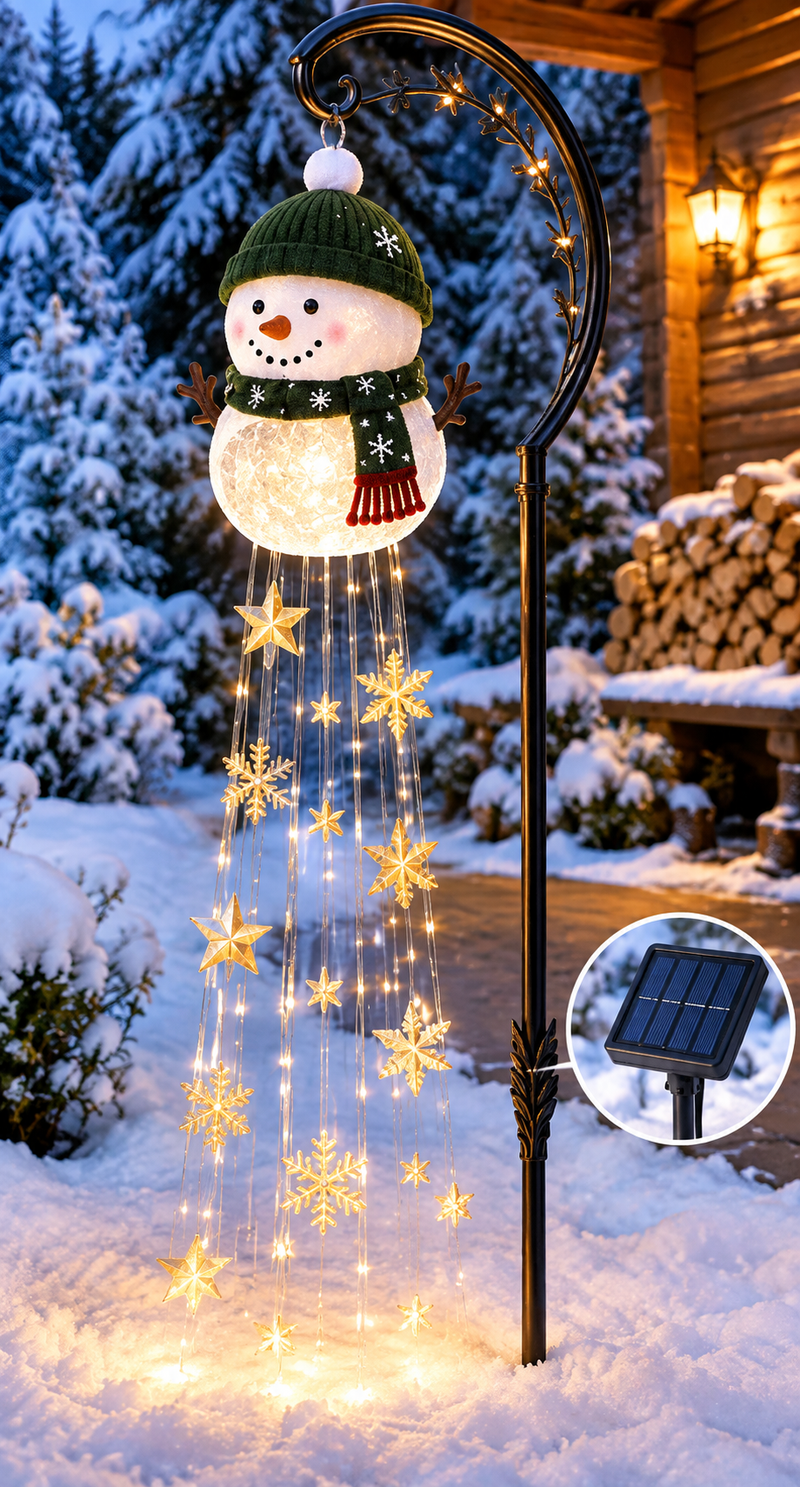 Boneco de Neve com Cascata de Luzes LED Solar