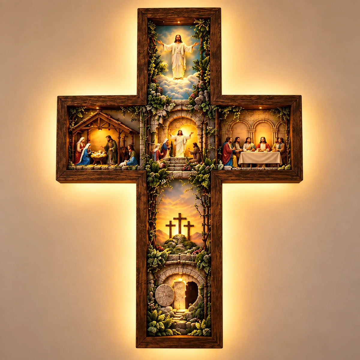 Cruz Iluminada de Madeira com Cenas Bíblicas