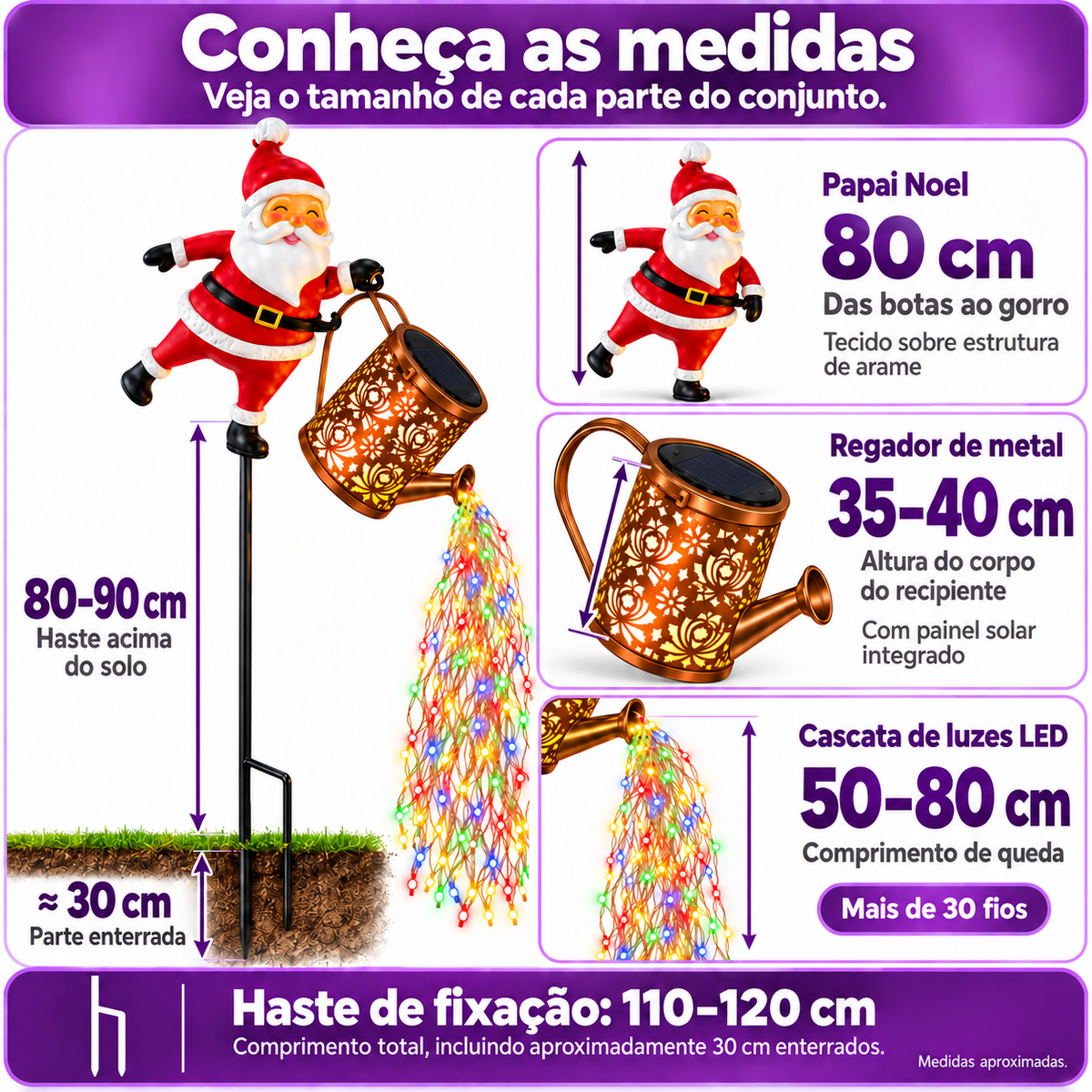 Papai Noel com Regador Solar - comparativo de tamanho