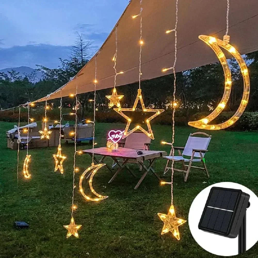 Luzes de Fada Estrela e Lua LED Solar - Encanto Natalino
