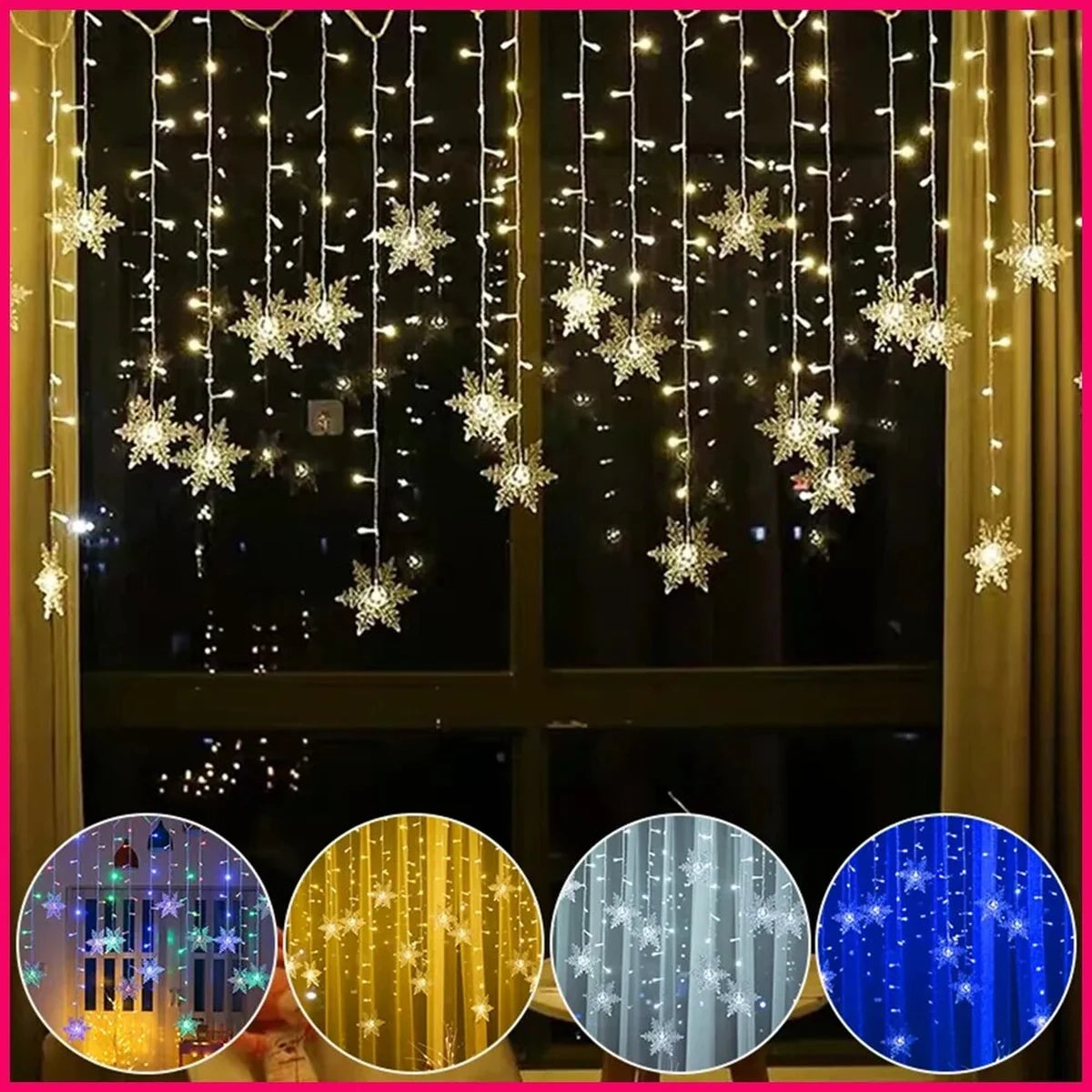 Cortina de LED Flocos de Neve – 3 m, Amarela, Branca, Colorida ou Azul