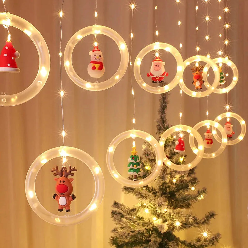 Cortina de Luzes LED com Figuras Natalinas – Argolas, Árvores, Corações e Estrelas
