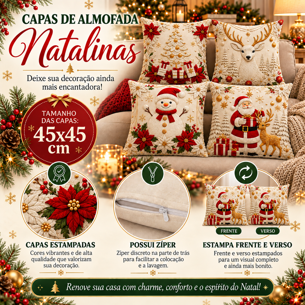 Kit Capas de Almofada Papai Noel Natalino 45x45cm