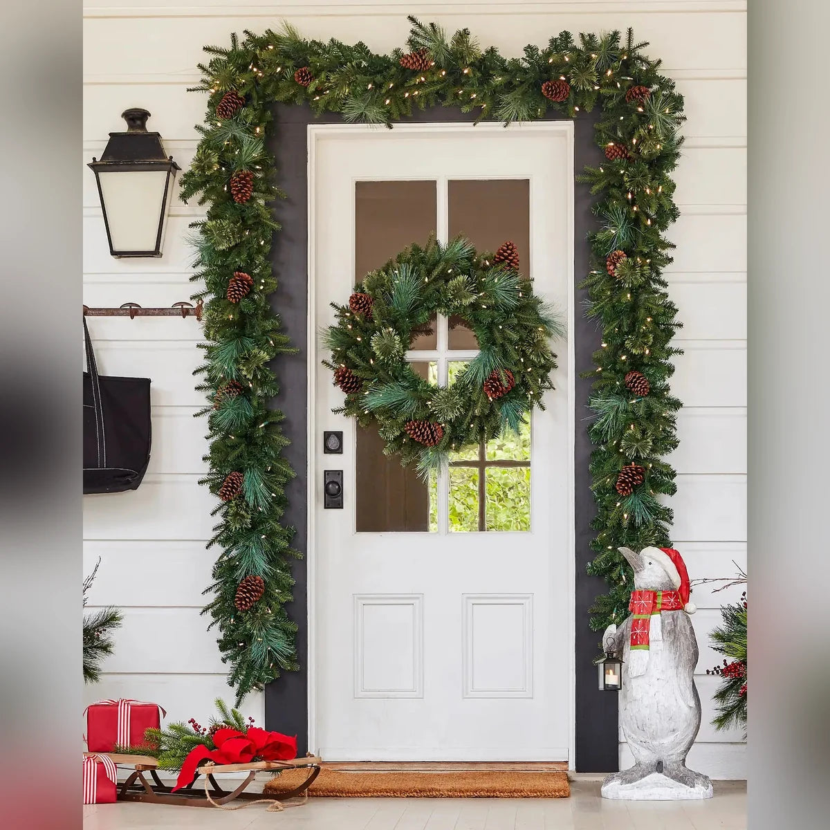 Guirlanda de Natal 90 cm com LED, Pinhas e Folhagens Verdes