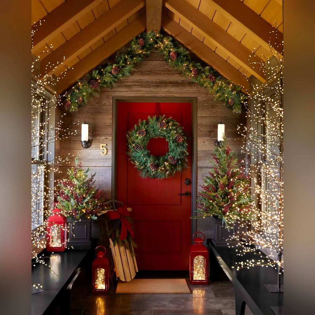 Guirlanda de Natal 90 cm com LED, Pinhas e Folhagens Verdes
