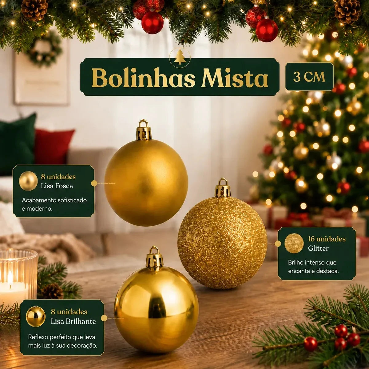 Kit 100 Bolas de Natal Douradas 3, 4 e 6 cm + Ponteira Estrela + Maleta Organizadora