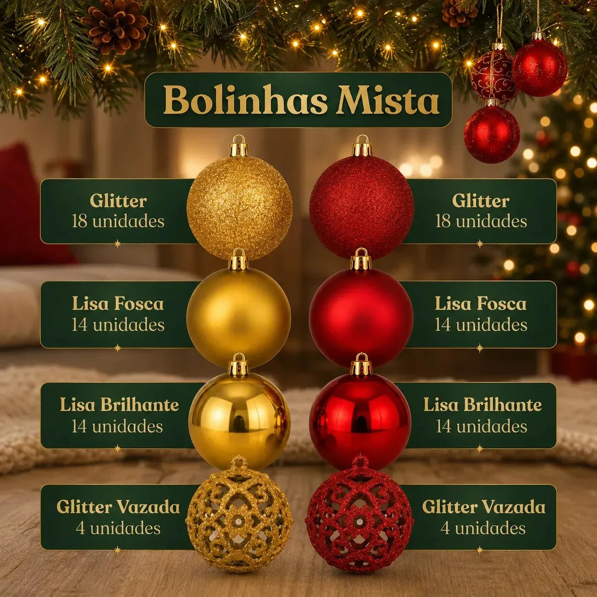 Kit 100 Bolas de Natal Vermelho e Dourado 3, 4 e 6 cm + Ponteira Estrela Dourada