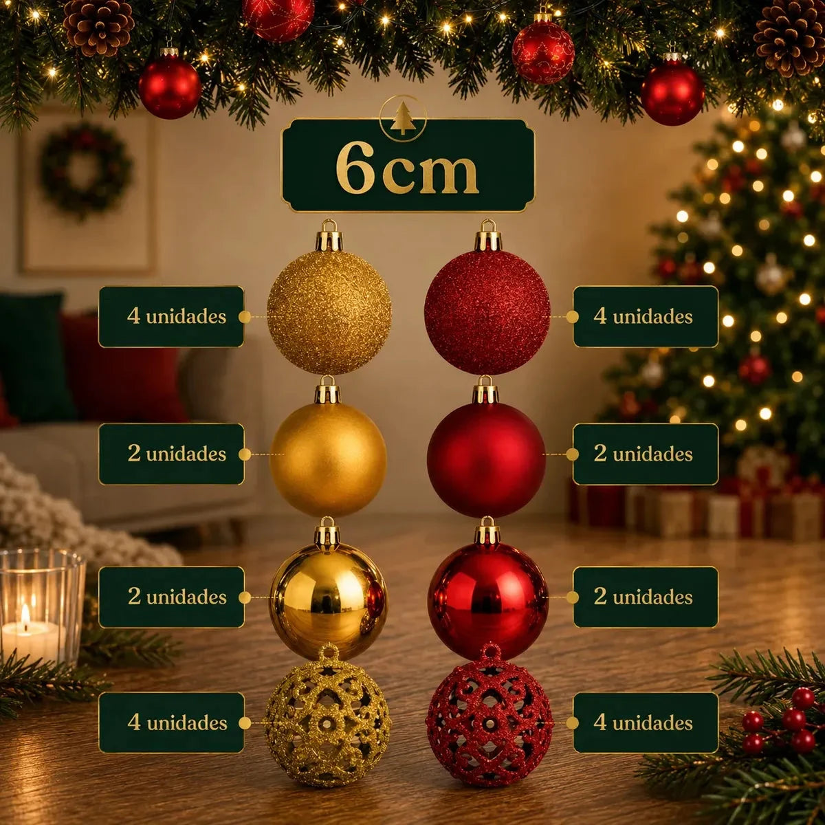 Kit 100 Bolas de Natal Vermelho e Dourado 3, 4 e 6 cm + Ponteira Estrela Dourada