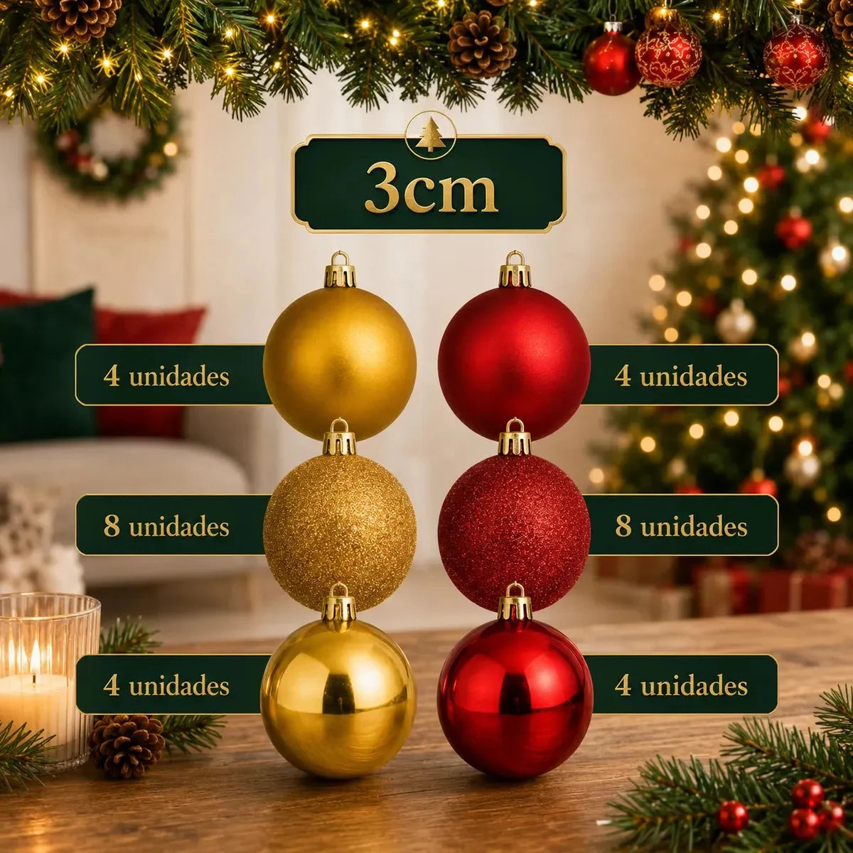 Kit 100 Bolas de Natal Vermelho e Dourado 3, 4 e 6 cm + Ponteira Estrela Dourada