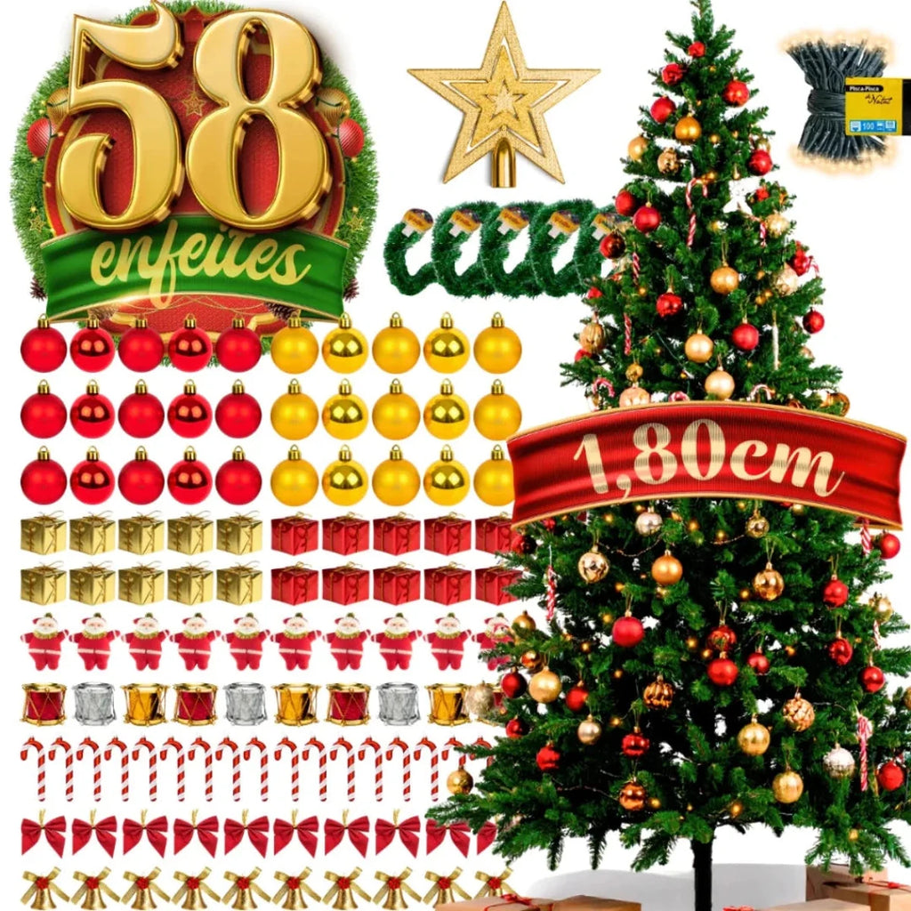 Kit Árvore de Natal Completa Decorada com Enfeites e Pisca LED – 1,20 m, 1,50 m ou 1,80 m