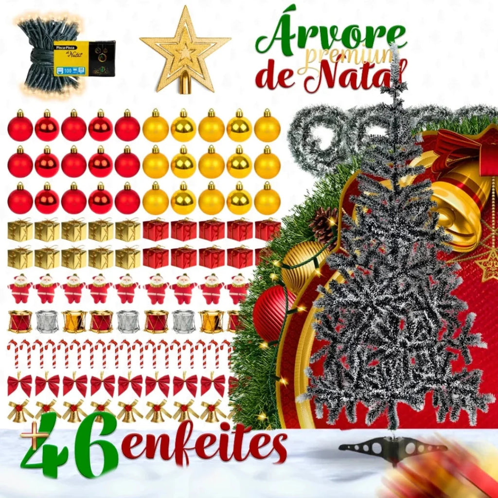 Kit Árvore de Natal Completa Decorada com Enfeites e Pisca LED – 1,20 m, 1,50 m ou 1,80 m