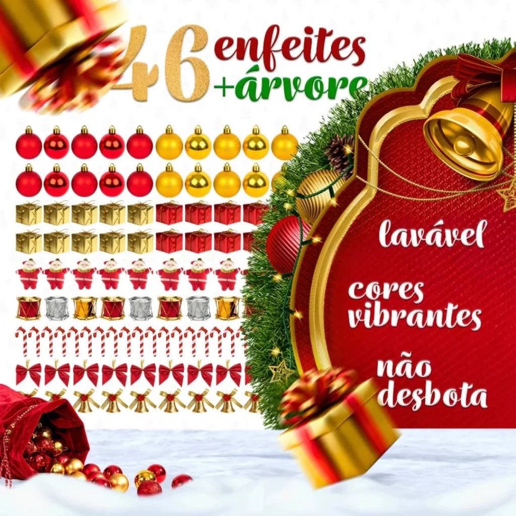 Kit Árvore de Natal Completa Decorada com Enfeites e Pisca LED – 1,20 m, 1,50 m ou 1,80 m