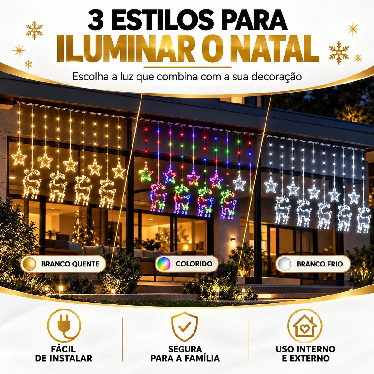 Cortina de Luz Estrela e Rena LED 3m - Decoração de Natal para Janela