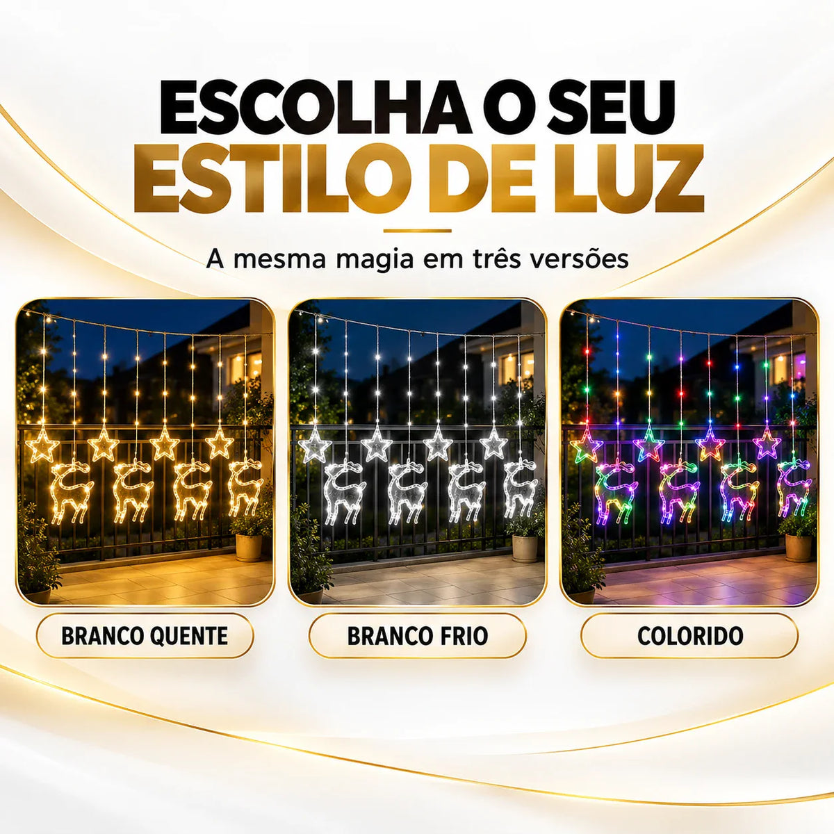 Cortina de Luz Estrela e Rena LED 3m - Decoração de Natal para Janela