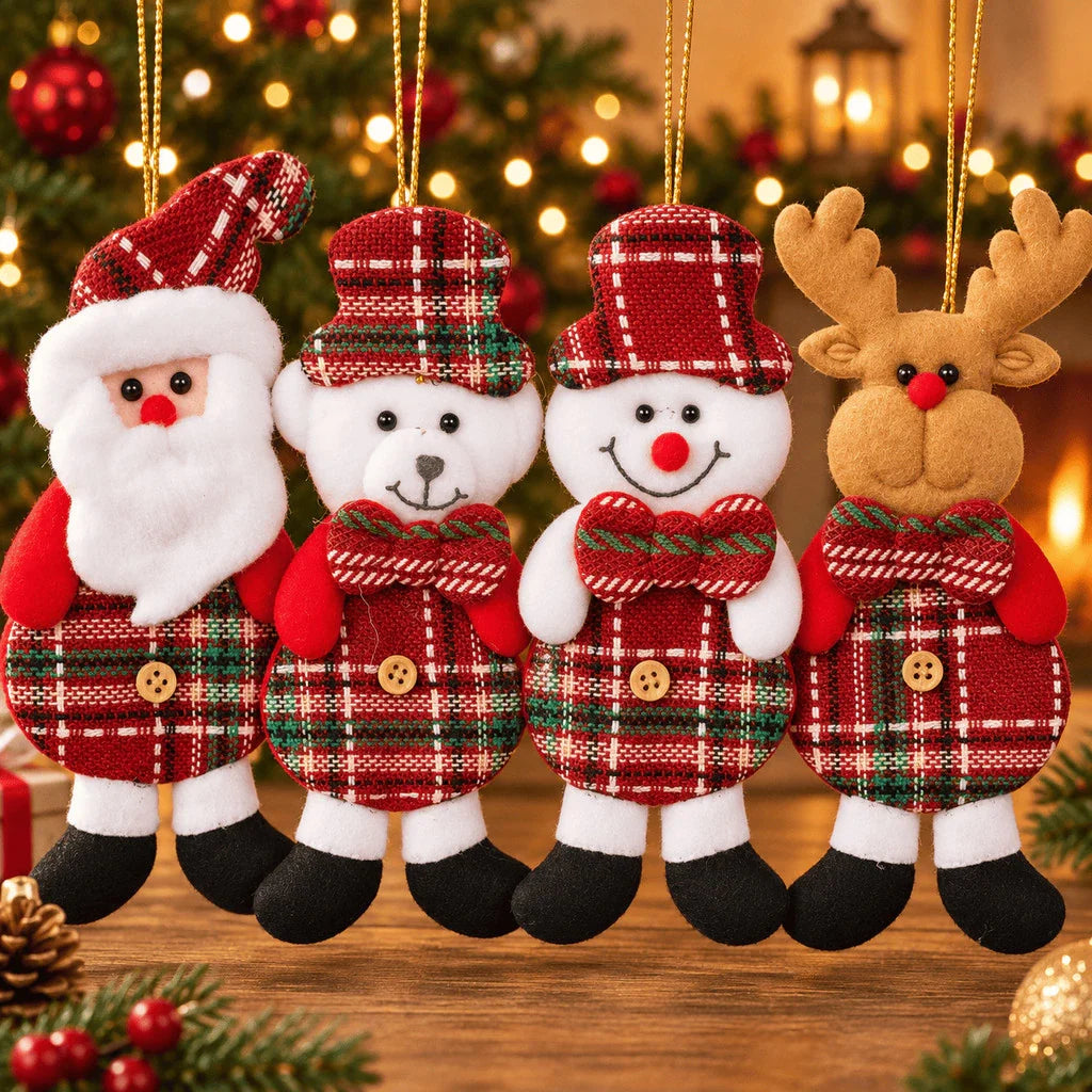 Kit 12 Enfeites Natalinos de Pelúcia - Papai Noel, Boneco de Neve, Urso e Alce