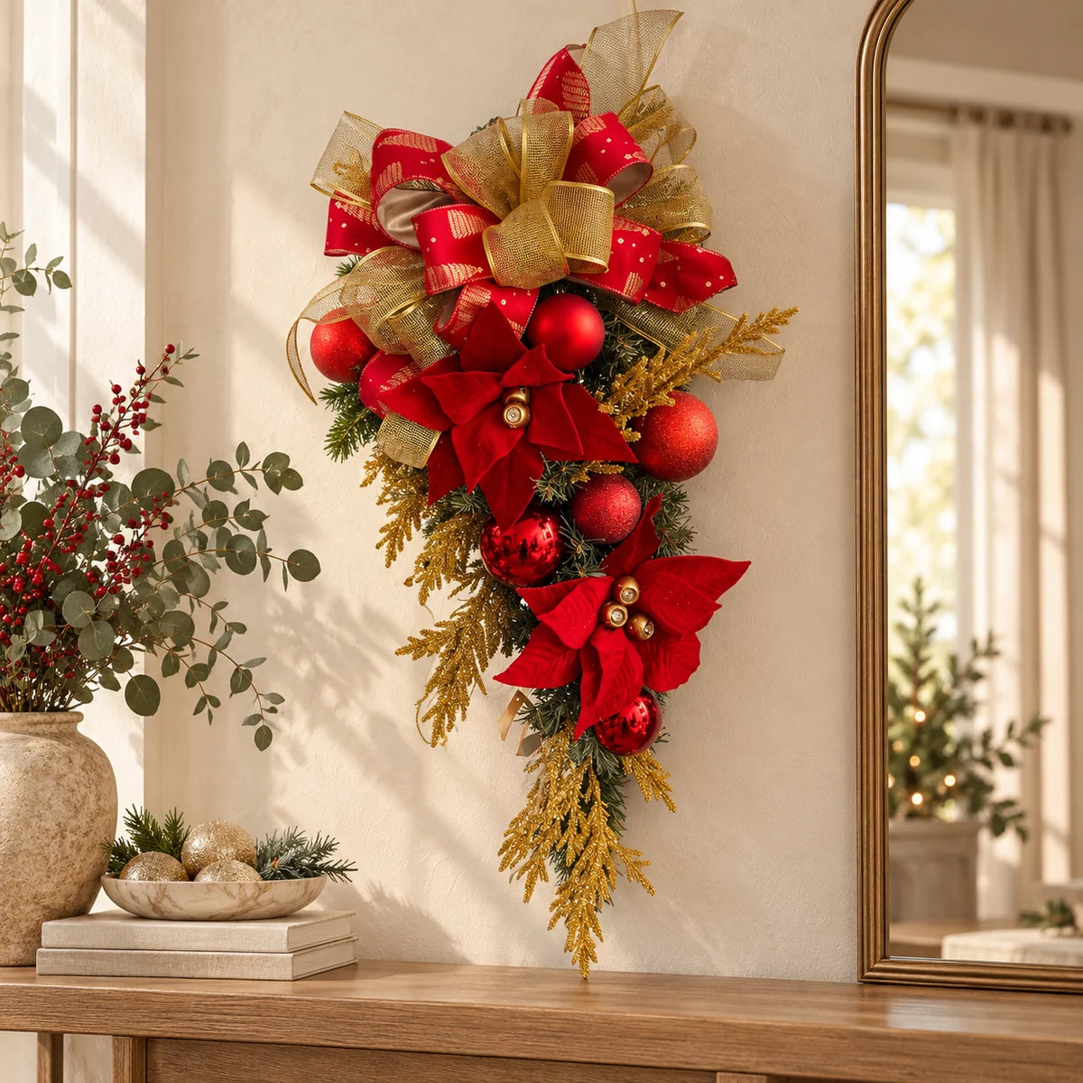 Pendente Natalino para Porta 80cm - Vermelho e Dourado