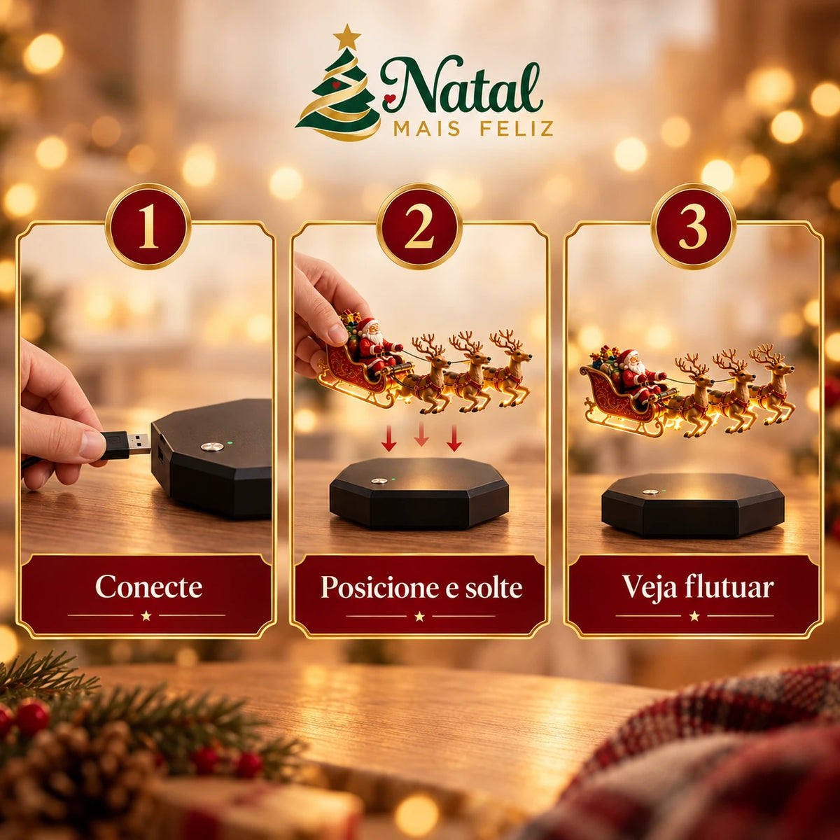 Trenó Encantado do Papai Noel com Renas – Luminária Natalina Flutuante
